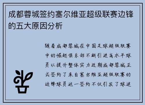 成都蓉城签约塞尔维亚超级联赛边锋的五大原因分析