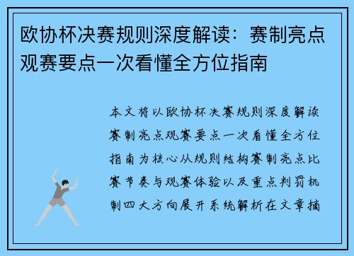 欧协杯决赛规则深度解读：赛制亮点观赛要点一次看懂全方位指南