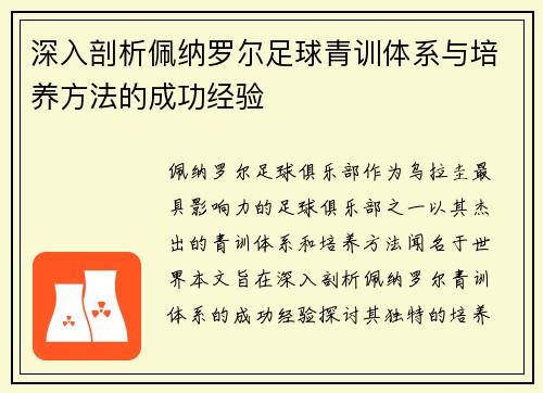 深入剖析佩纳罗尔足球青训体系与培养方法的成功经验