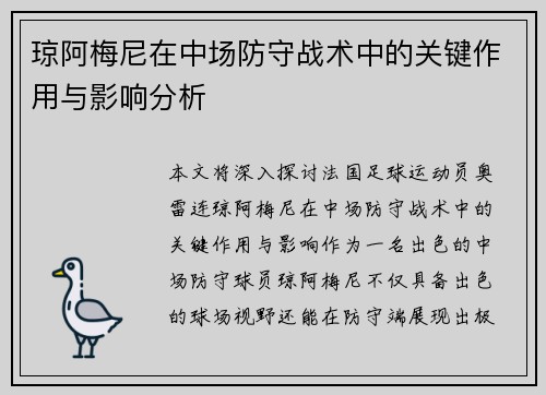 琼阿梅尼在中场防守战术中的关键作用与影响分析